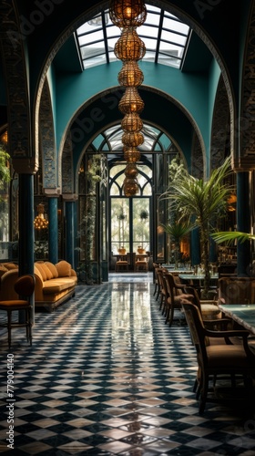 Luxury restaurant interior with green walls, tiled floor, and arched ceiling