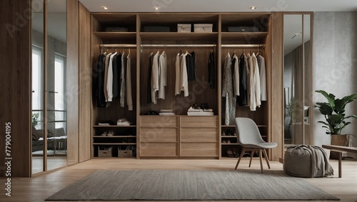 luxury scandinavian wood walk in closet with wardrobe