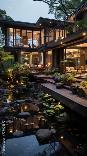 A tranquil setting of a house with a pond and a garden