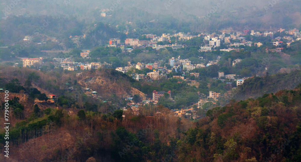 Obraz premium Beautiful overview of Bandarban hill district. Top view of Bandarban town. Most tourist attraction place of Bangladesh.