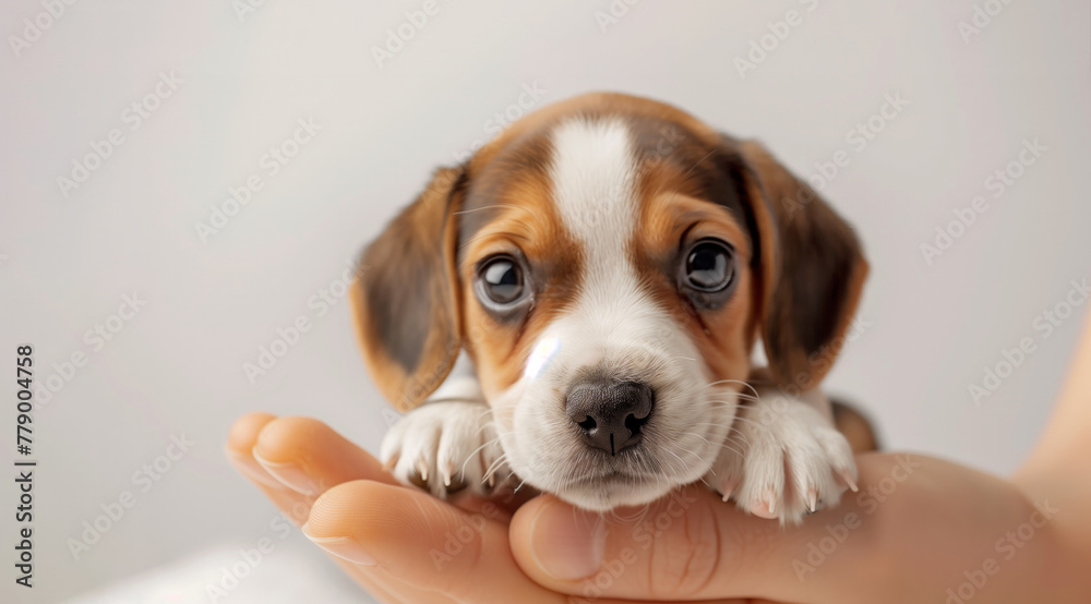 A small dog is in a person's hand. The dog has a curious look on its face. Teeny-tiny Beagle PUPPY resting on of a female fingertip, displaying of the tiny animal, isolated on a white background