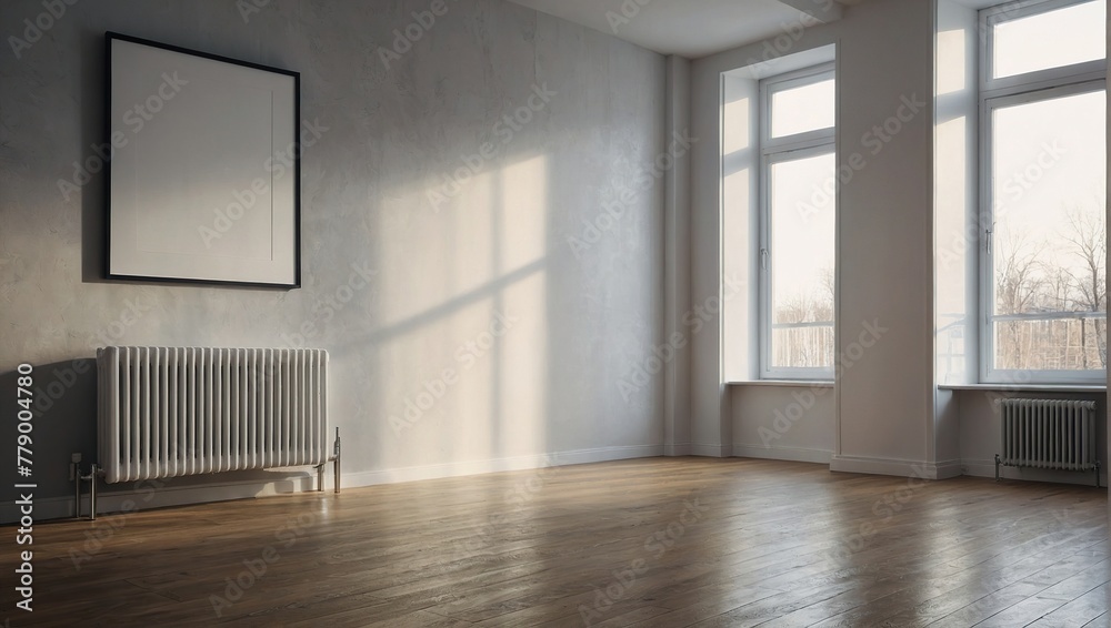 Fototapeta premium Empty Minimalistic room with white aluminum radiator and laminate floor