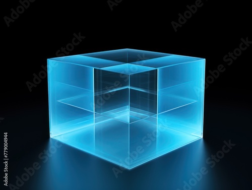 Sky Blue glass cube abstract 3d render, on black background with copy space minimalism design for text or photo backdrop 