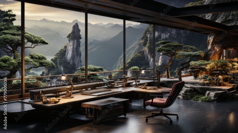 Obraz premium Modern home office with a view of the mountains