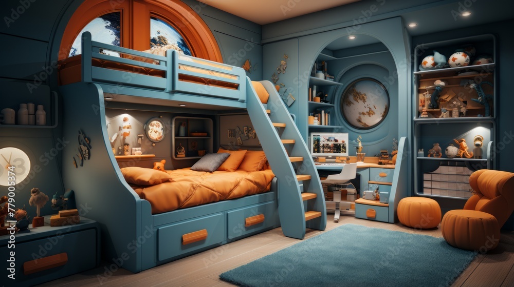 A bedroom with a bunk bed, a desk, and a lot of toys