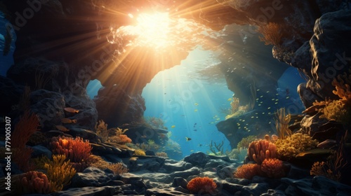 Underwater cave with colorful coral and fish