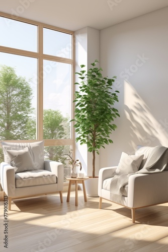 Two white armchairs in a bright living room with a large tree © Adobe Contributor
