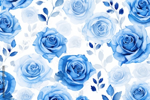 Sky Blue roses watercolor clipart on white background, defined edges floral flower pattern background with copy space for design text or photo backdrop minimalistic 