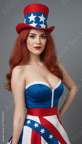White Female with Red Hair Dressed in an Uncle Sam Outfit