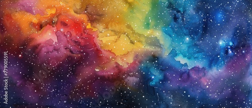 Abstract watercolor galaxy, with stars and nebulae in vivid colors on dark paper
