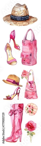 Watercolor fashion accessories illustration, featuring hats, bags, and shoes
