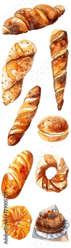 Watercolor food illustrations, featuring a series of pastries and bread in soft hues