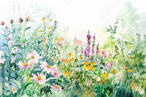 Watercolor illustration of a cottage garden, with a wild array of flowers and plants