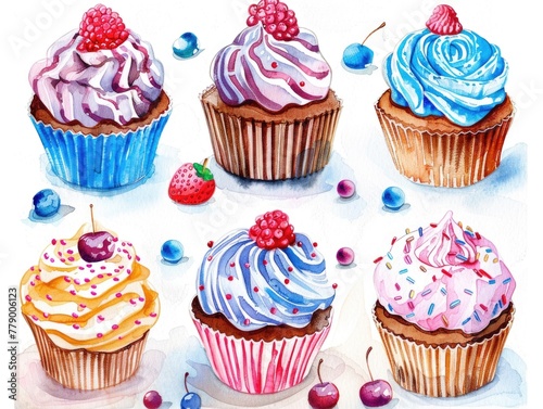 Watercolor illustration of a series of cupcakes  each with whimsical decorations