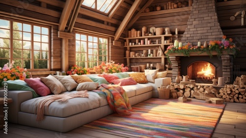 Cozy living room interior with fireplace and large windows