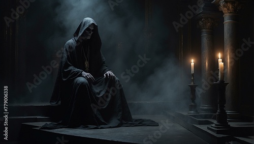 A mysterious hooded figure is seated contemplatively in a dimly lit room with atmospheric candles, evoking a sense of secrecy or meditation