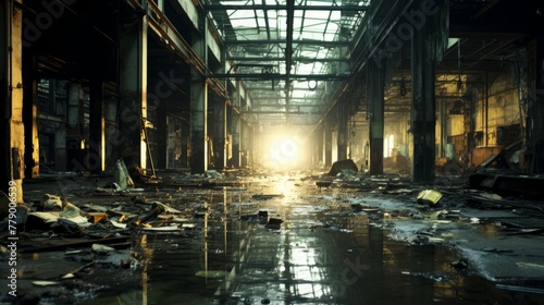 An abandoned factory building with broken windows and debris on the floor