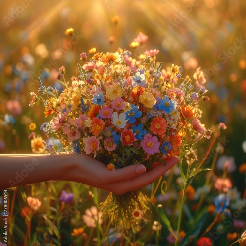 A hand holding a bouquet of colorful wildflowers in a field of flowers with a warm golden sunset in the background © Adobe Contributor