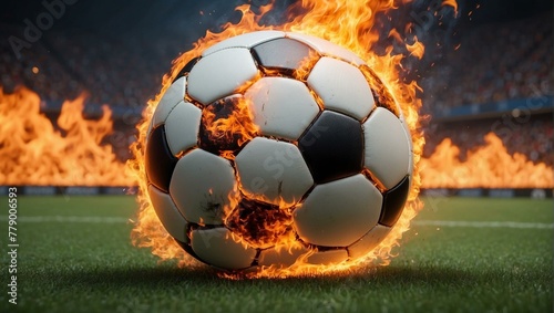 A dramatic image capturing a soccer ball engulfed in flames mid-play on the field, symbolizing intensity and passion