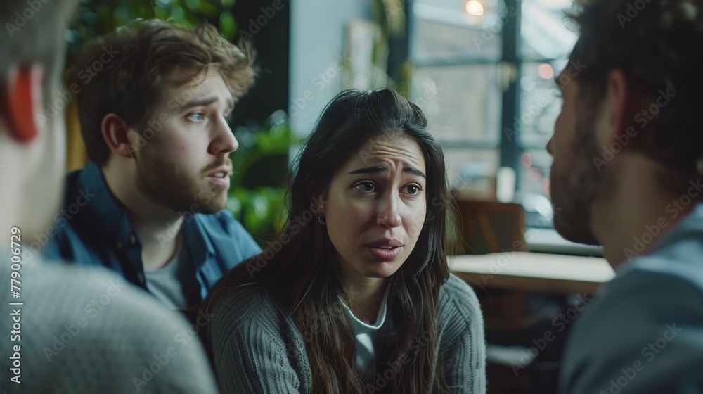 A team meeting where one member looks lost in thought, displaying subtle signs of being overwhelmed. A team meeting where one member looks lost in thought, displaying subtle signs of being overwhelmed.