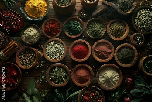 Colorful flat lay composition of assorted spices, ideal for culinary backgrounds and kitchen concepts