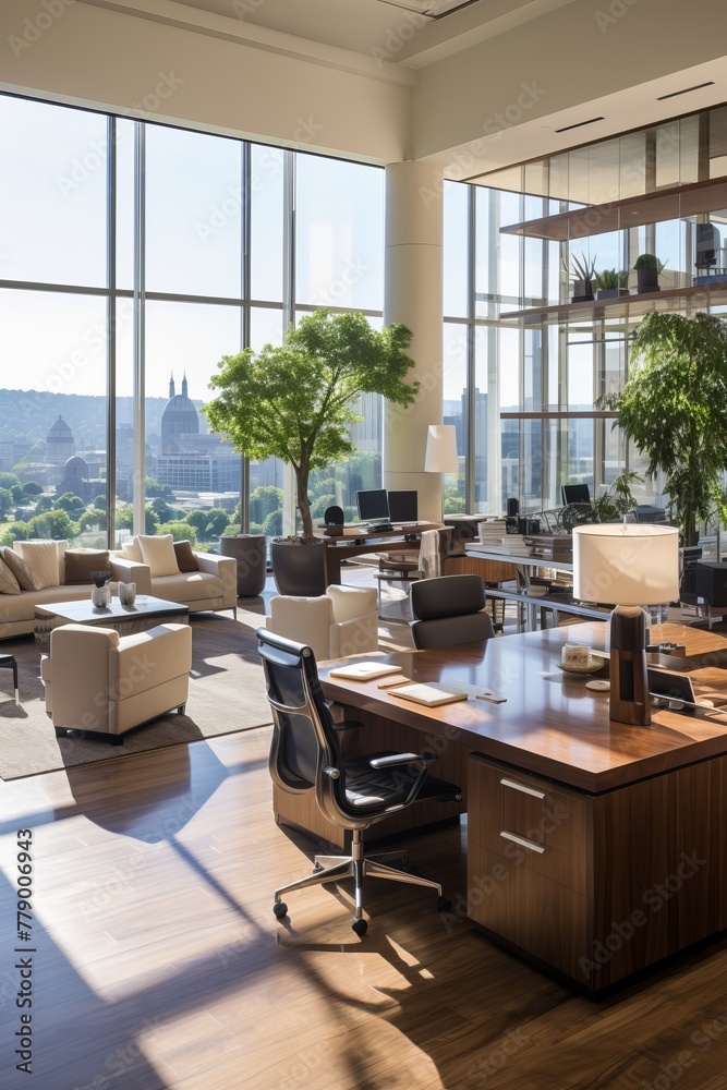 Fototapeta premium Modern office interior with large windows and city view