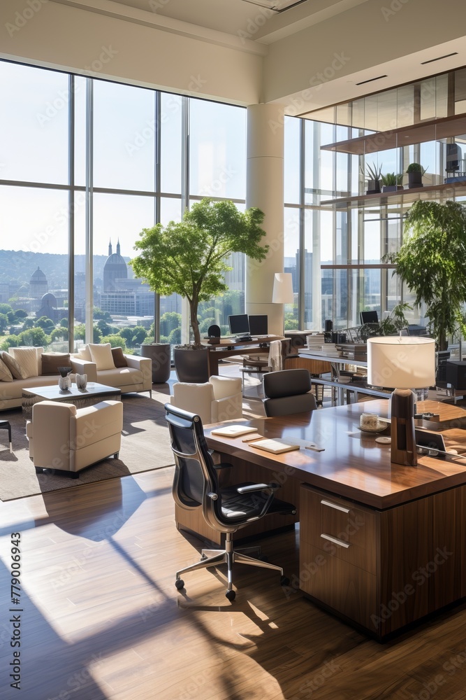 Modern office interior with large windows and city view