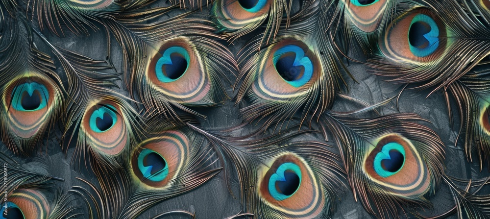 Fototapeta premium peacock feathers with blue eyes on a textured background. Colorful bird feather wallpaper design for printing on fabric or textile.