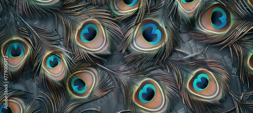 peacock feathers with blue eyes on a textured background. Colorful bird feather wallpaper design for printing on fabric or textile. © Sabina Gahramanova