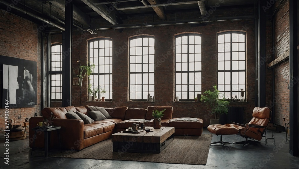 Fototapeta premium Living room interior in loft, industrial style