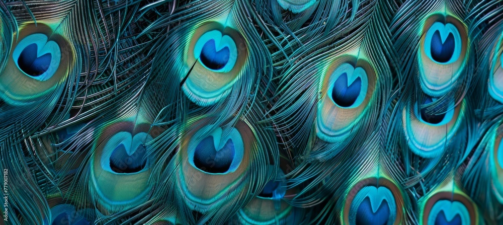 Obraz premium peacock feathers with blue eyes on a textured background. Colorful bird feather wallpaper design for printing on fabric or textile.