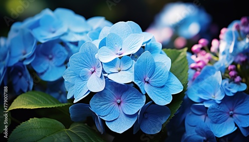 Colourful Hydrangea macrophylla banner Blossom near house wall. Colorful hydrangeas in garden, close up. Purple blue pink hortensia blooms. Endless summer Hydrangea flowers. photo