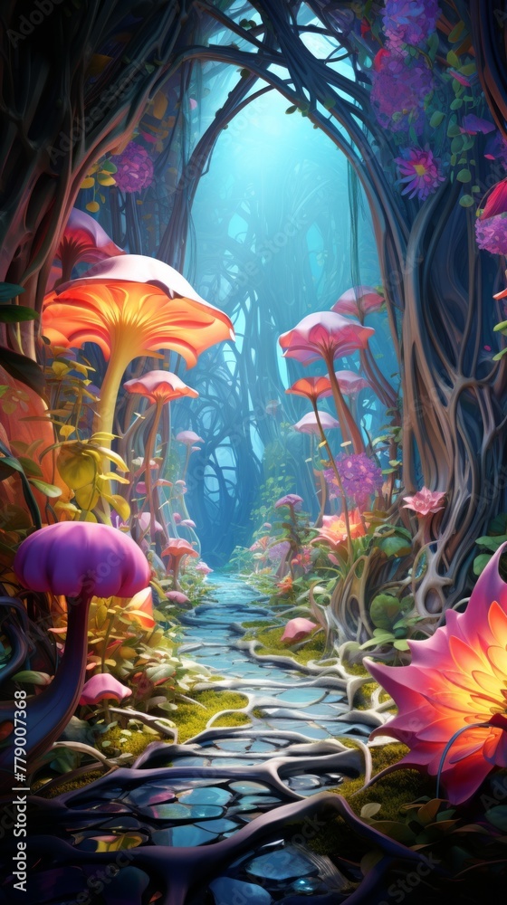 Mystical Glowing Mushrooms in a Magical Forest