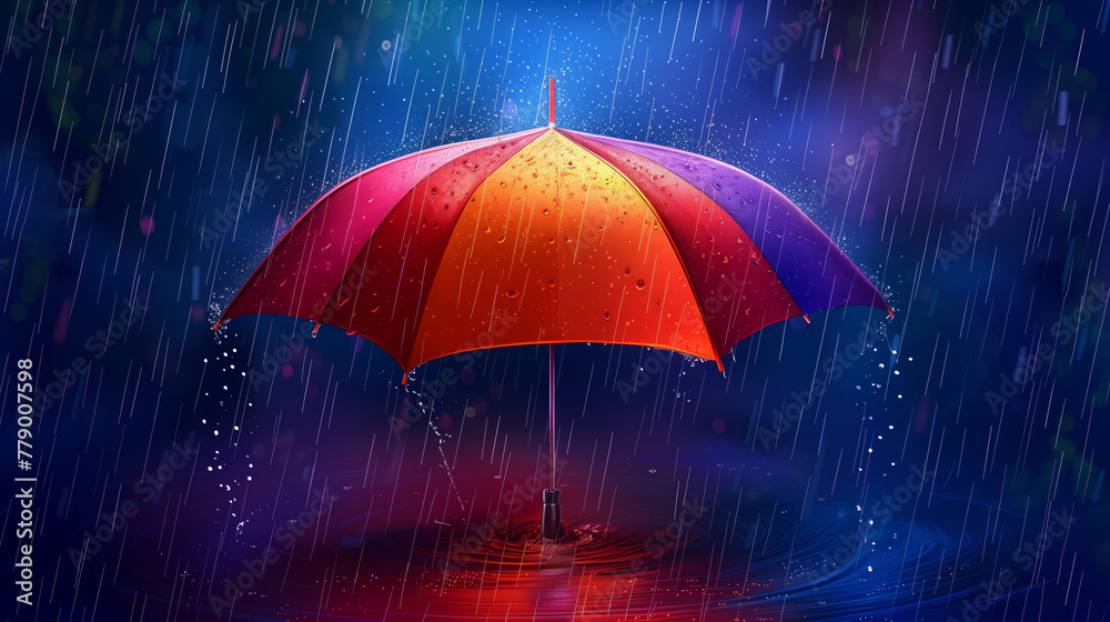 A red umbrella in the rain on a wet surface. The umbrella is open and the rain is falling on it. The scene is peaceful and calming. Springtime rainy season conceptual background. Rain pouring