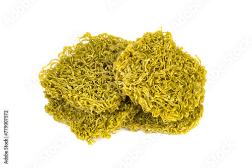 Japanese style green noodles,Uncooked dry instant vegetable noodle,Crispy jade noodles isolated on white background