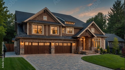 Luxury house exterior with brick and siding trim and double garage