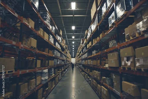 Aisle between tall warehouse racks filled with boxes