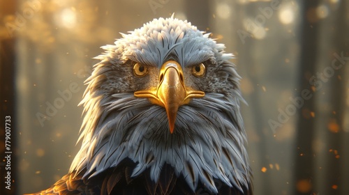 Close up of majestic bald eagle with weathered feathers, intense yellow eyes, sunlit beak