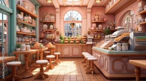 A cozy bakery with a variety of pastries and cakes