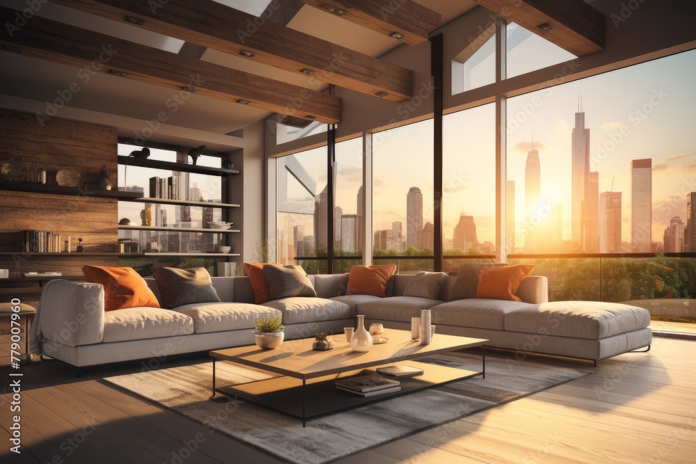 Modern living room interior with large windows and city view