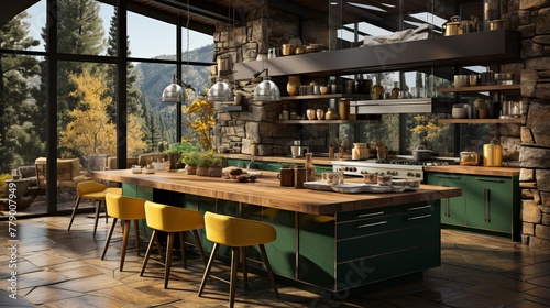 kitchen island with green cabinets and yellow chairs