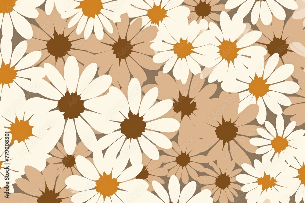 Tan and white daisy pattern, hand draw, simple line, flower floral spring summer background design with copy space for text or photo backdrop 