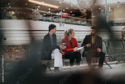 Two women and one man in professional attire engage in a business discussion while sitting in a well-lit lounge area.