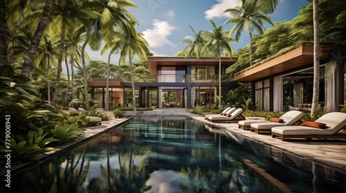 A stunning modern villa with a pool in a tropical setting © Adobe Contributor