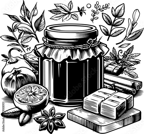 Jam jar black outline illustration coloring book.