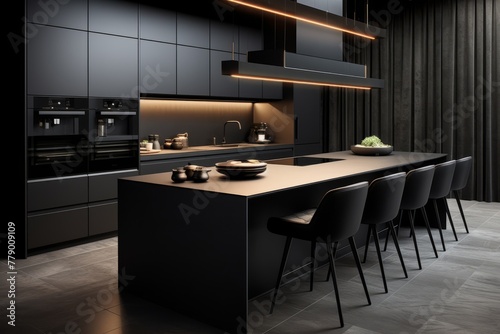 Black kitchen island with black marble top and black leather chairs