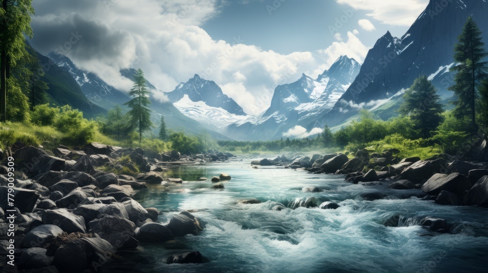 majestic mountains and river landscape with large rocks and green trees in the foreground