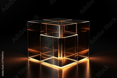 Tan glass cube abstract 3d render, on black background with copy space minimalism design for text or photo backdrop 