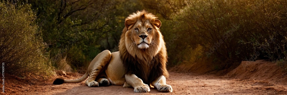 Big lion lying on savannah grass. Landscape with characteristic trees on the plain and hills in the background.with Generative AI technology Big lion lying on savannah grass. Landscape with characteristic trees on the plain and hills in the background.with Generative AI technology