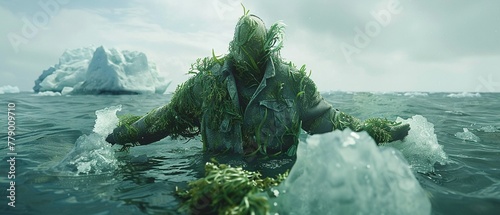 A conceptual 3D model of a shirt transforming into seaweed as it touches the icy water of an arctic sea photo